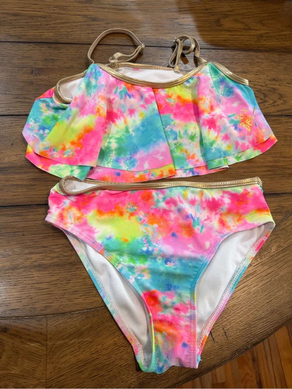 Betsey Johnson Girls' Multicolor Tie-Dye Bikini with Gold Trim M